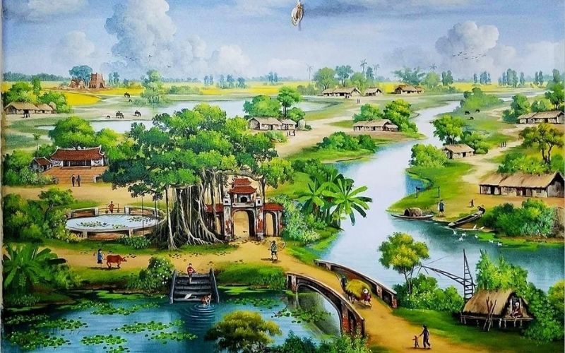 Tranh phong cảnh làng quê thân thương đẹp mắt, thư thái khi ngắm nhìn