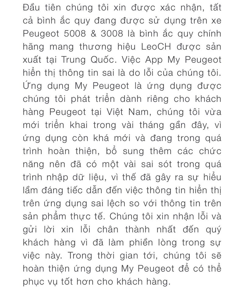 Tr&iacute;ch đoạn th&ocirc;ng b&aacute;o THACO gửi tới kh&aacute;ch h&agrave;ng đang sử dụng xe Peugeot