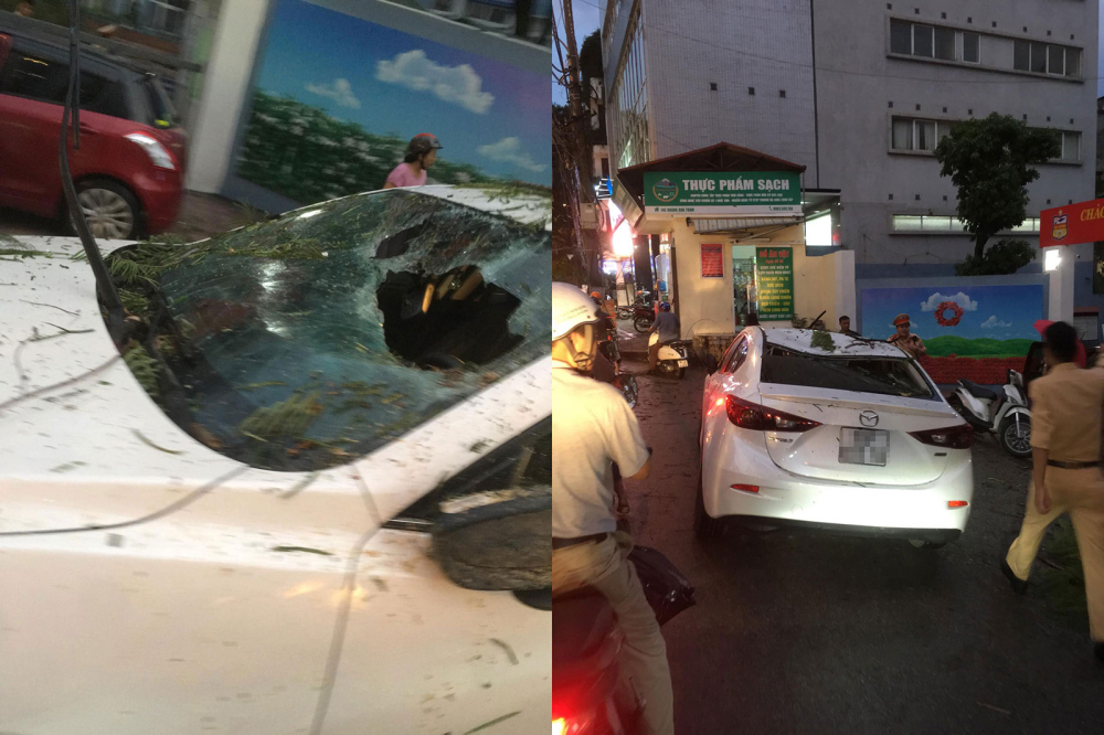 Hậu quả l&agrave; chiếc &ocirc; t&ocirc; Mazda đ&atilde; bị bẹp n&oacute;c v&agrave; thủng k&iacute;nh l&aacute;i