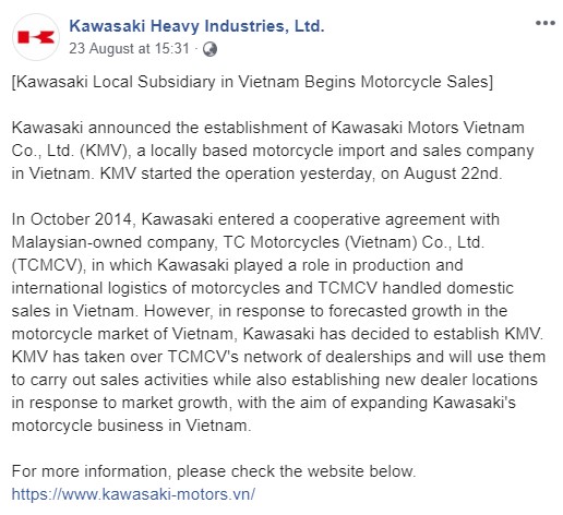 Kawasaki thông báo về việc thành lập công ty con Kawasaki Motors Vietnam Kawasaki thông báo về việc thành lập công ty con Kawasaki Motors Vietnam