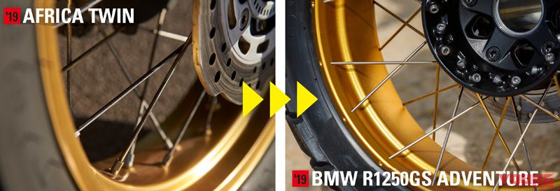 Honda Africa Twin 1100 2020 sẽ sử dụng v&agrave;nh nan cross-spoke c&ugrave;ng lốp kh&ocirc;ng săm giống với BMW R1250GS