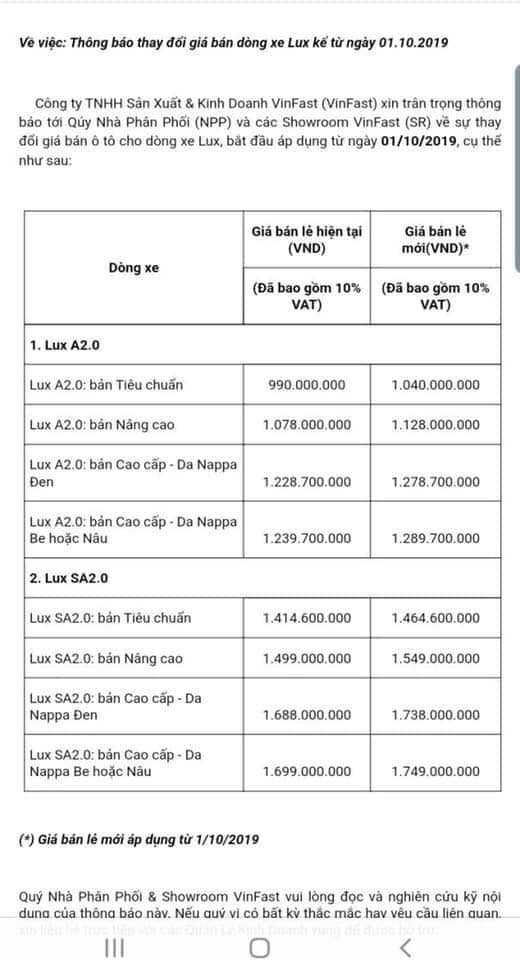 Đoạn văn bản được cho l&agrave; th&ocirc;ng b&aacute;o mới nhất của VinFast về việc tăng gi&aacute; b&aacute;n cho d&ograve;ng xe Lux