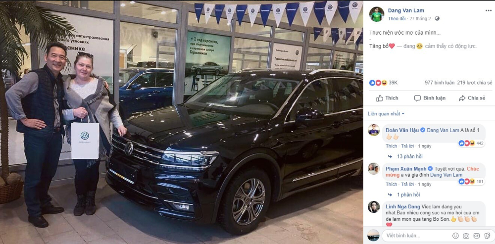 V&agrave;o th&aacute;ng 3, thủ th&agrave;nh Đặng Văn L&acirc;m mua Volkswagen Tiguan Allspace 2019 tặng cho bố mẹ