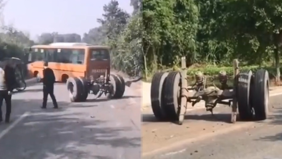 Hiện trường vụ tai nạn chiếc xe bu&yacute;t bị g&atilde;y trục b&aacute;nh sau v&agrave; nằm c&aacute;ch xe khoảng 3m