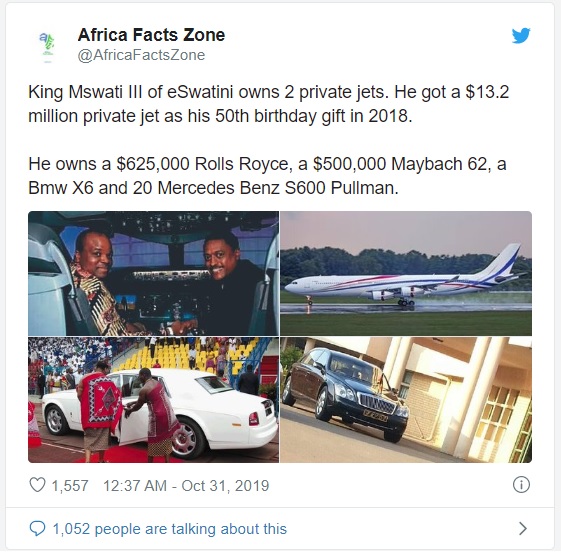 Những phương tiện xa hoa của Vua Mswati III theo Twitter