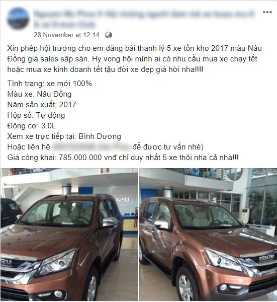 5 chiếc Isuzu mu-X 2017 đang được một đại lý ở Bình Dương thanh lý để dọn kho với giá bán 785 triệu đồng mỗi xe