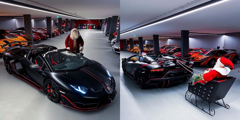Xe tuần lộc xưa rồi, nay &ocirc;ng gi&agrave; Noel phải cưỡi Lamborghini Aventador SVJ mui trần đi ph&aacute;t qu&agrave;