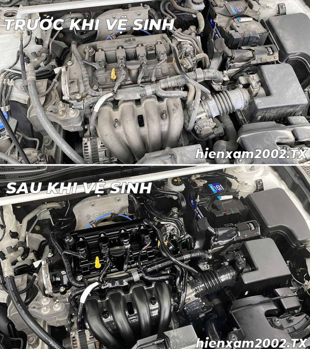 Sự kh&aacute;c biệt của khoang động cơ trước v&agrave; sau khi vệ sinh.