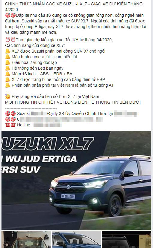 B&agrave;i post th&ocirc;ng b&aacute;o nhận cọc Suzuki XL7 của một đại l&yacute; ủy quyền ch&iacute;nh h&atilde;ng trong khu vực miền Nam