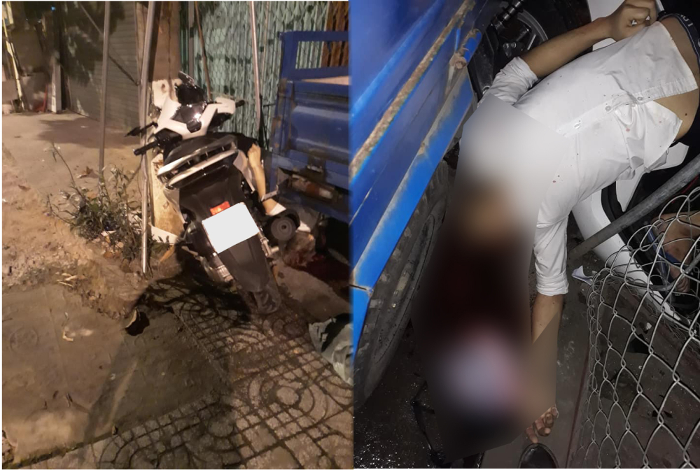 Hiện trường vụ tai nạn nam thanh ni&ecirc;n lao xe m&aacute;y l&ecirc;n vỉa h&egrave; t&ocirc;ng v&agrave;o gốc c&acirc;y
