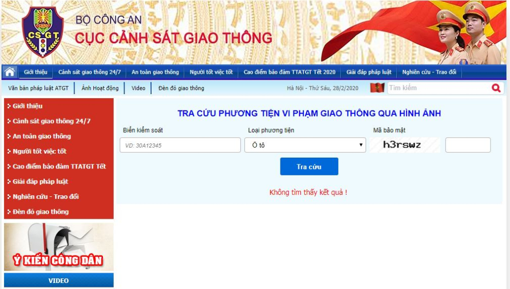 Giao diện tra cứu vi phạm do camera phạt “nguội” ghi lại trên trang web của Cục Cảnh sát Giao thông