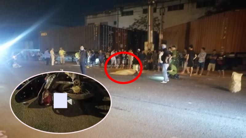 Hiện trường vụ tai nạn xe m&aacute;y va chạm với xe container khiến một người tử vong