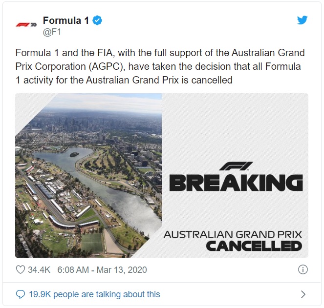 Thông báo hủy bỏ F1 Grand Prix Úc 2020 được đăng lên mạng xã hội Twitter