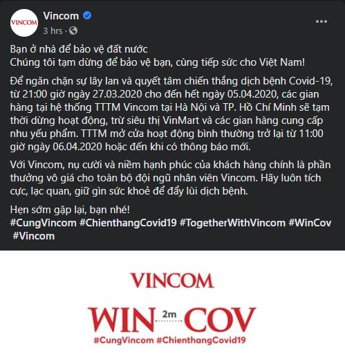 Thông báo chính thức của Vincom về việc tạm dừng hoạt động các gian hàng từ tối nay Thông báo chính thức của Vincom về việc tạm dừng hoạt động các gian hàng từ tối nay
