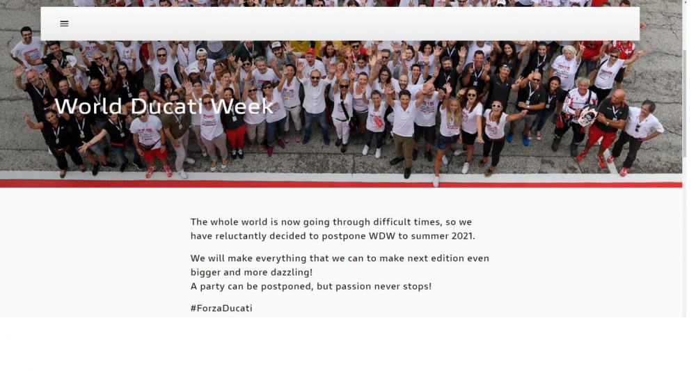  Th&ocirc;ng b&aacute;o được đưa ra tr&ecirc;n trang chủ của sự kiện World Ducati Week 2020
