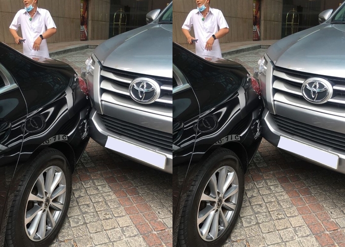Hiện trường vụ va chạm của xe Toyota Fortuner v&agrave; Mercedes-Benz E200 tại chỗ đỗ xe trước kh&aacute;ch sạn Sheraton