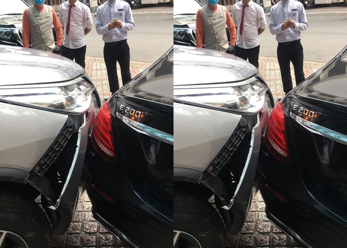 Chiếc Toyota Fortuner bung một g&oacute;c d&agrave;n &aacute;o của xe trong khi đ&egrave;n hậu của xe Mercedes-Benz E200 kh&ocirc;ng bị thiệt hại g&igrave; đ&aacute;ng kể