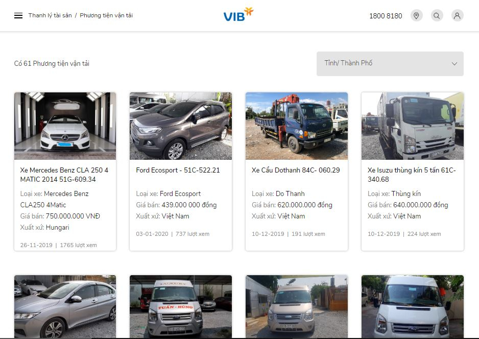 Ngân hàng VIB hiện đang thanh lý tới 61 phương tiện 4 bánh