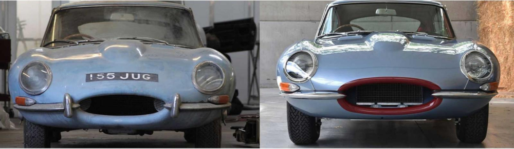 Bộ dạng trước và sau khi phục chế của chiếc Jaguar E-Type Series 1 3.8 FHC 1964 Bộ dạng trước và sau khi phục chế của chiếc Jaguar E-Type Series 1 3.8 FHC 1964