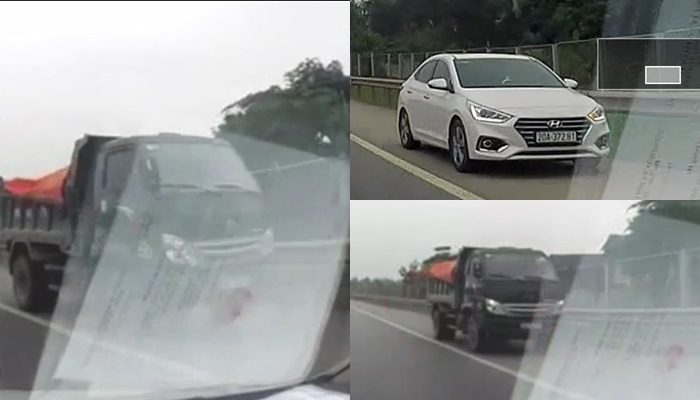 Hình ảnh 2 chiếc xe ben và ô tô Hyundai Accent chạy ngược chiều trên cao tốc Hà Nội - Thái Nguyên vào sáng ngày 30/4