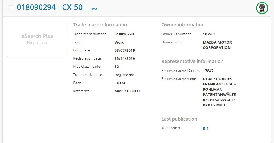 Thương hiệu CX-50 được hãng Mazda đăng ký bản quyền tại châu Âu Thương hiệu CX-50 được hãng Mazda đăng ký bản quyền tại châu Âu