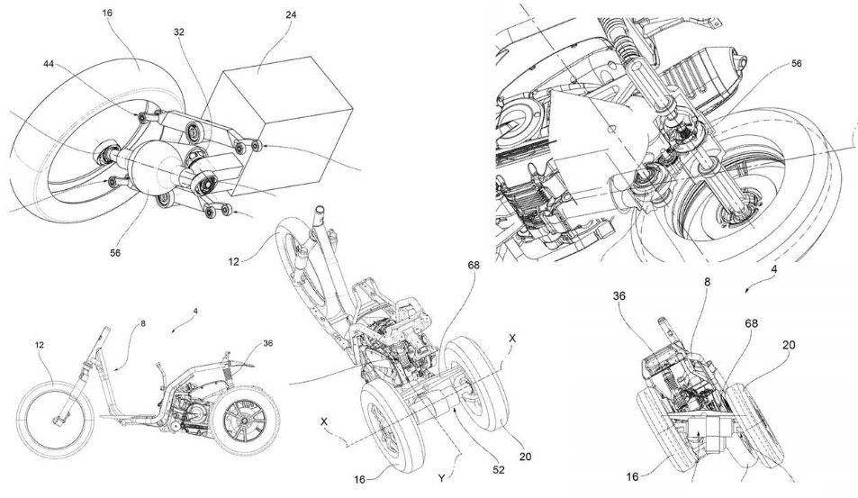 Thiết kế xe 3 bánh với hai bánh sau có khả năng nghiêng khi vào cua của Piaggio Thiết kế xe 3 bánh với hai bánh sau có khả năng nghiêng khi vào cua của Piaggio