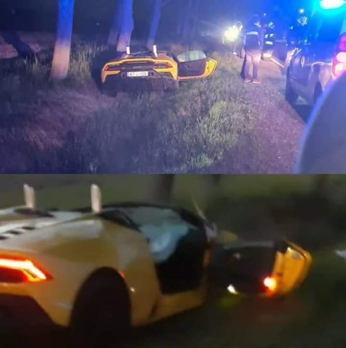 Hiện trường vụ tai nạn giao th&ocirc;ng của chiếc si&ecirc;u xe Lamborghini Huracan Evo Spyder m&agrave;u v&agrave;ng do Marcin Bulka cầm l&aacute;i 