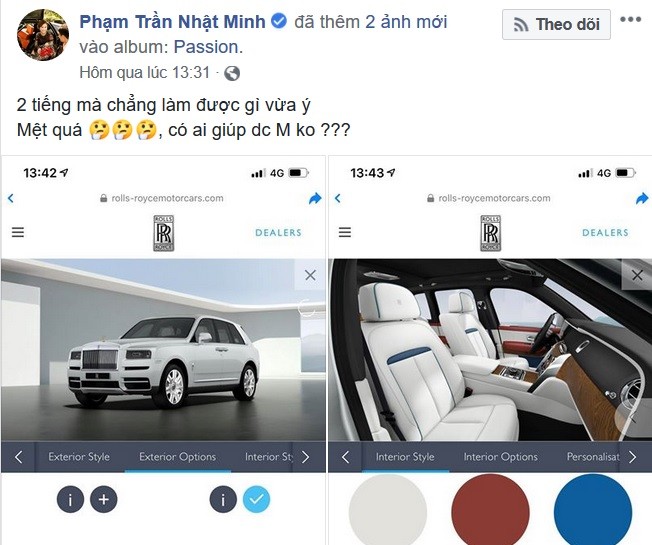 Minh Nhựa từng chia sẻ đau đầu trong việc chọn cấu h&igrave;nh để mua SUV si&ecirc;u sang Rolls-Royce Cullinan. Ảnh chụp từ m&agrave;n h&igrave;nh
