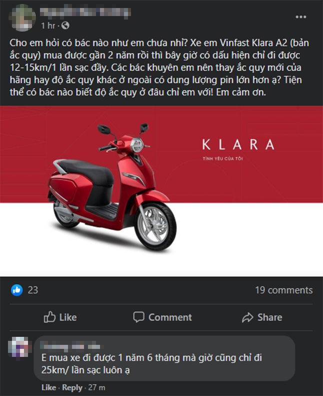 Người dùng VinFast Klara A2 phản ánh tình trạng chai ắc quy của xe Người dùng VinFast Klara A2 phản ánh tình trạng chai ắc quy của xe
