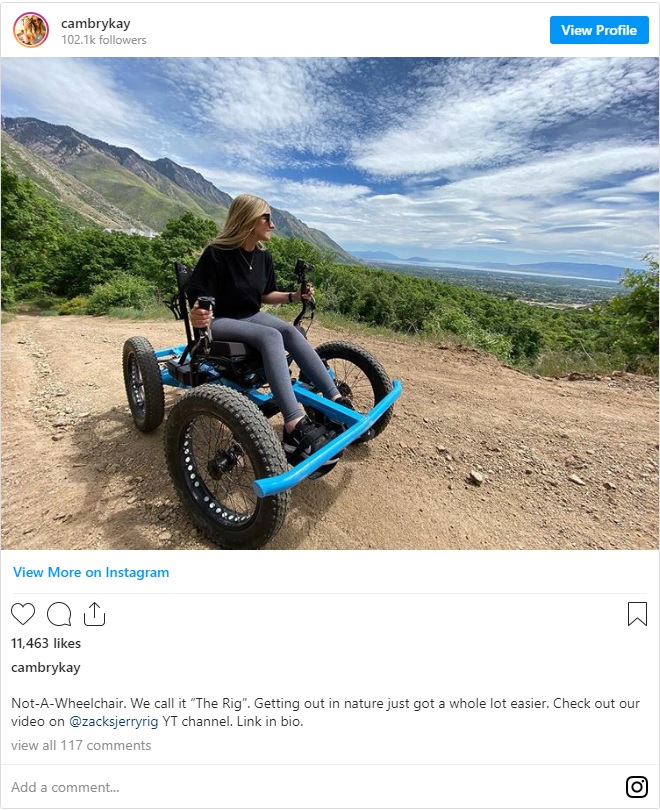 H&igrave;nh ảnh Cambry ngồi&nbsp;l&aacute;i Not a Wheelchair được chia sẻ tr&ecirc;n Instagram