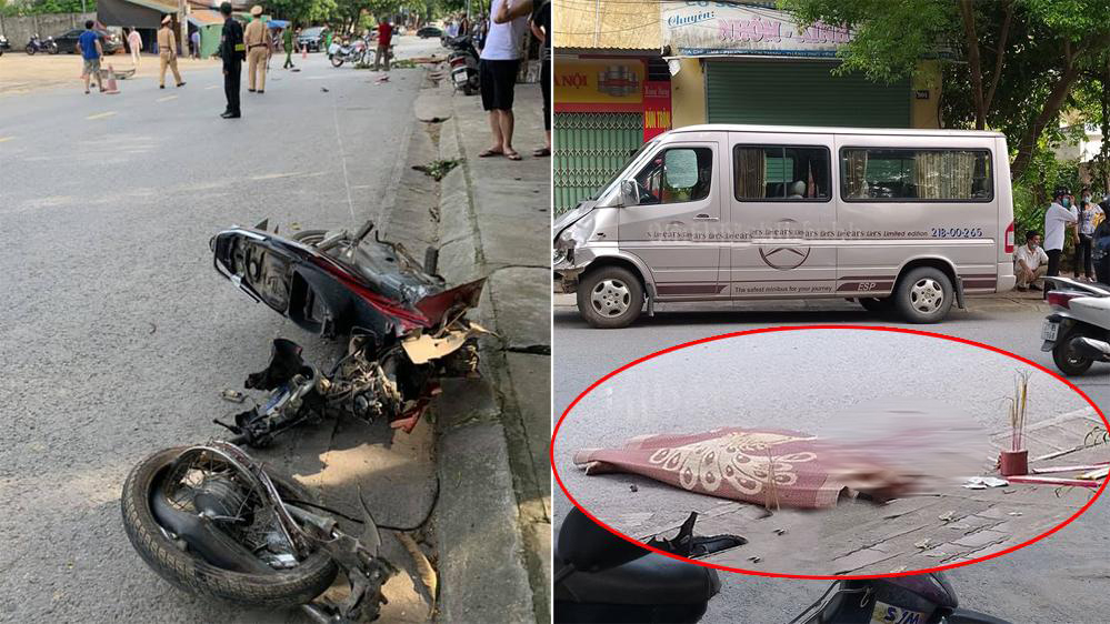 Hiện trường vụ tai nạn xe m&aacute;y đối đầu xe kh&aacute;ch 16 chỗ l&agrave;m nam học sinh lớp 11 tử vong tại chỗ