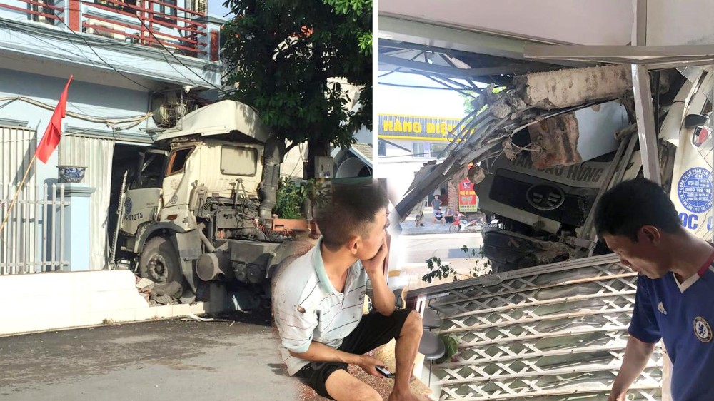 Chiếc xe đầu k&eacute;o đ&acirc;m sập cửa tầng 1 của căn nh&agrave; ven đường