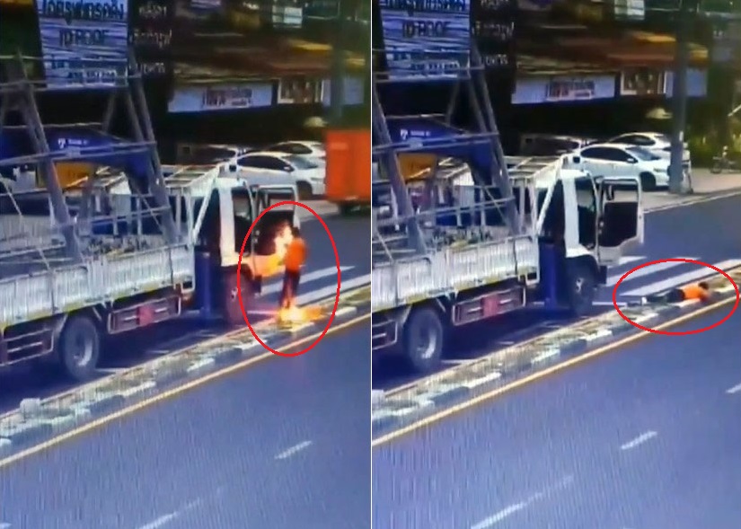 Tài xế ô tô tải bị điện giật, lửa bùng lên trên người