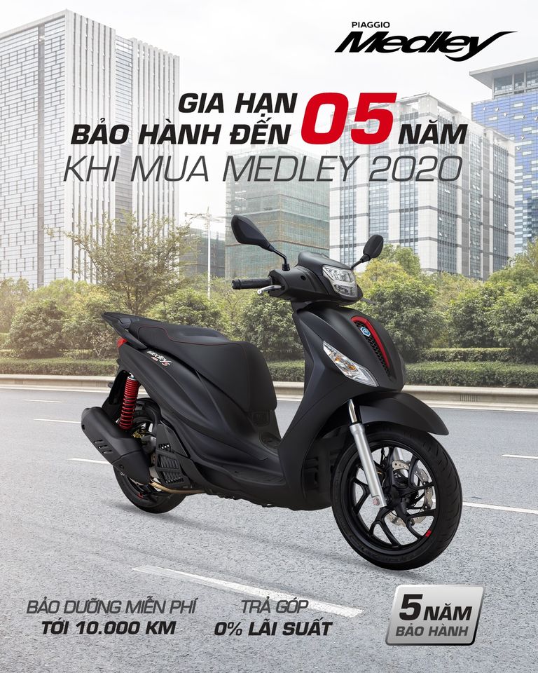 Piaggio Medley 2020 là mẫu xe tay ga đầu tiên được bảo hành lên tới 5 năm tại Việt Nam
