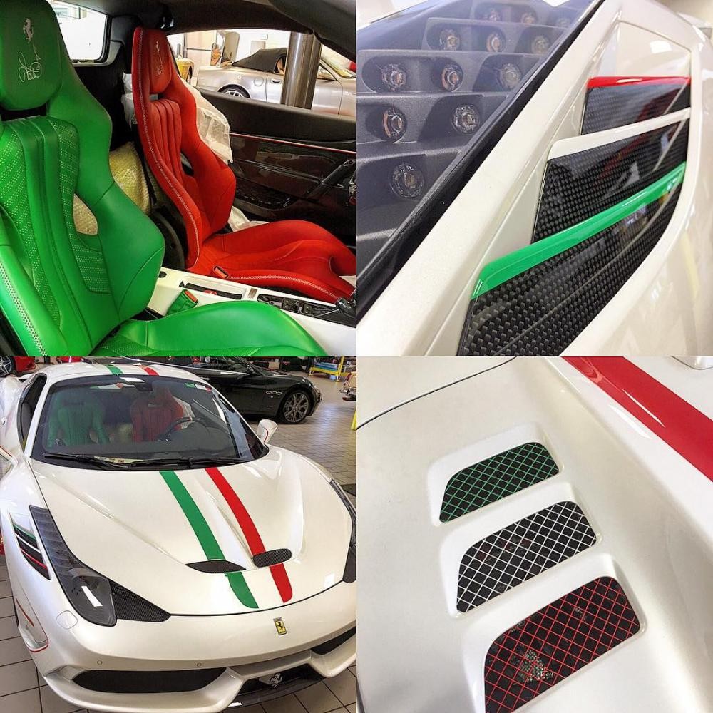 Ferrari 458 Special Aperta của Ian Poulter có ghế ngồi 2 tông màu đỏ và xanh lá