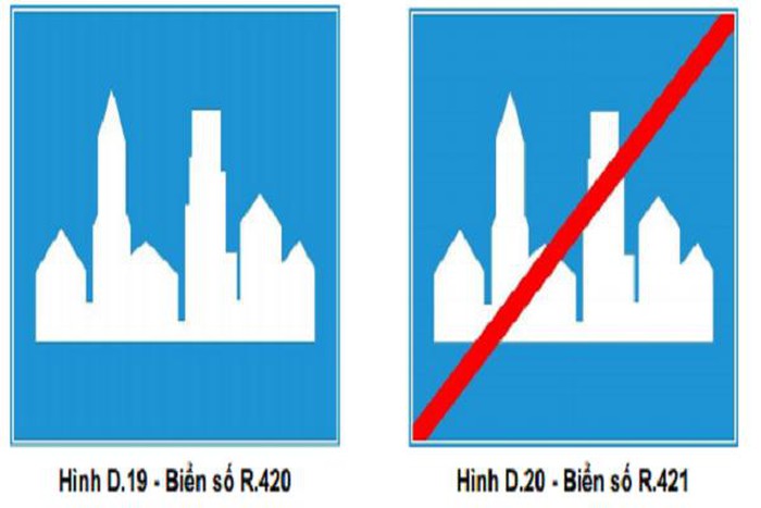 Biển báo bắt đầu khu dân cư R.420 và kết thúc khu dân cư R.421. Biển báo bắt đầu khu dân cư R.420 và kết thúc khu dân cư R.421.