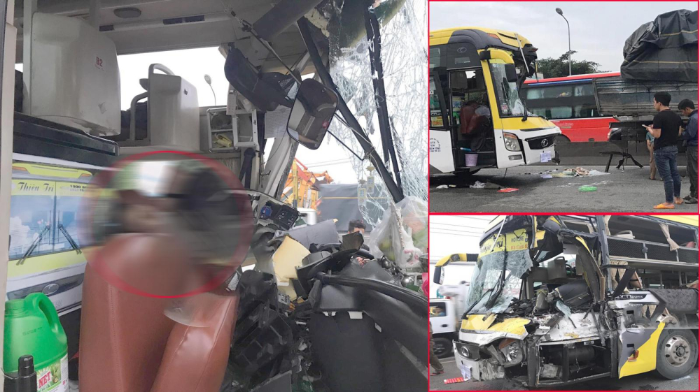 Chiếc xe kh&aacute;ch giường nằm biến dạng nặng đầu xe, t&agrave;i xế được cho tử vong trong khoang l&aacute;i xe kh&aacute;ch