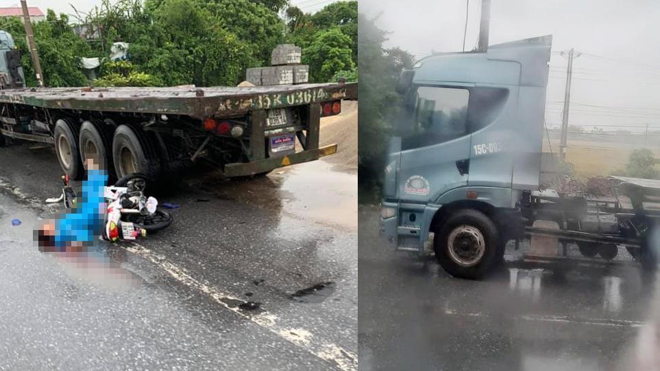 Hiện trường vụ tai nạn nam thanh niên tông xe máy vào xe container đang dừng đỗ bên đường ở Thái Bình