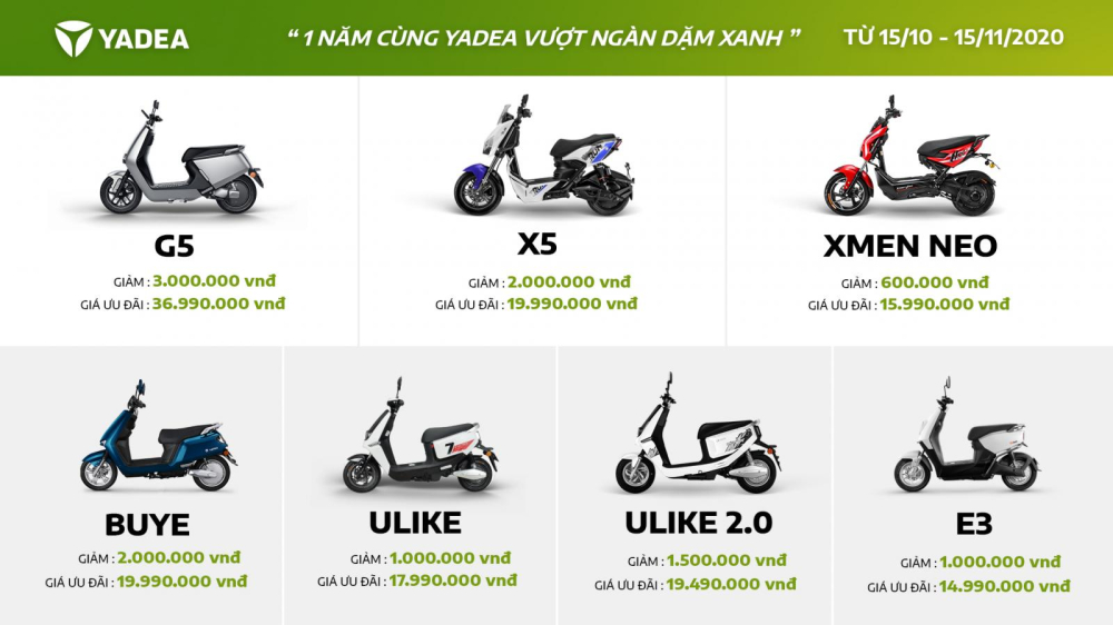 H&agrave;ng loạt xe điện Yadea được giảm gi&aacute; mạnh từ 15/10