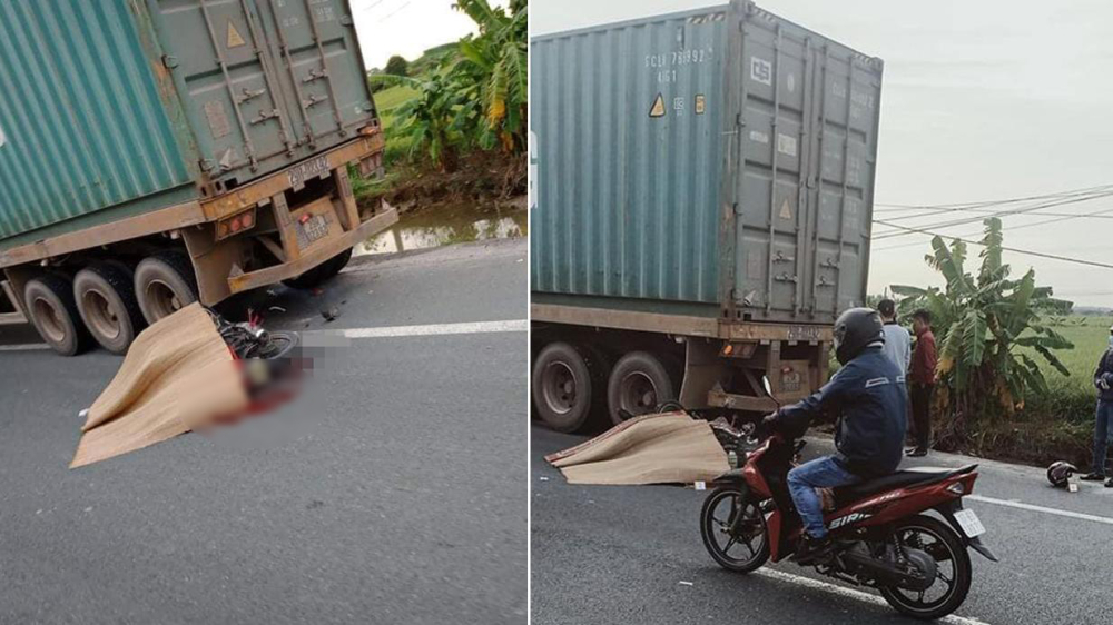 Hiện trường vụ người đi xe máy tông vào đuôi xe container đang dừng đỗ bên đường dẫn đến tử vong ngay tại chỗ