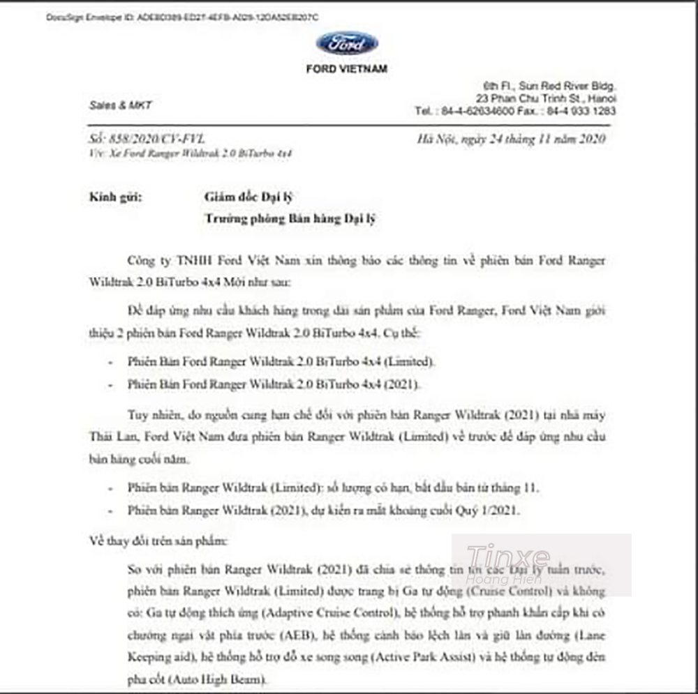 Văn bản được cho l&agrave; của Ford Việt Nam th&ocirc;ng b&aacute;o về việc b&aacute;n ra phi&ecirc;n bản Ford Ranger Wildtrak Limited 2021.