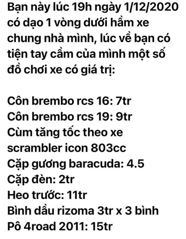 Loạt đồ độ bị kẻ gian lấy trộm mang tổng trị giá hơn 50 triệu đồng Loạt đồ độ bị kẻ gian lấy trộm mang tổng trị giá hơn 50 triệu đồng