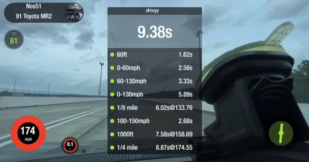 Thành tích của chiếc Toyota MR2 trên đường đua drag