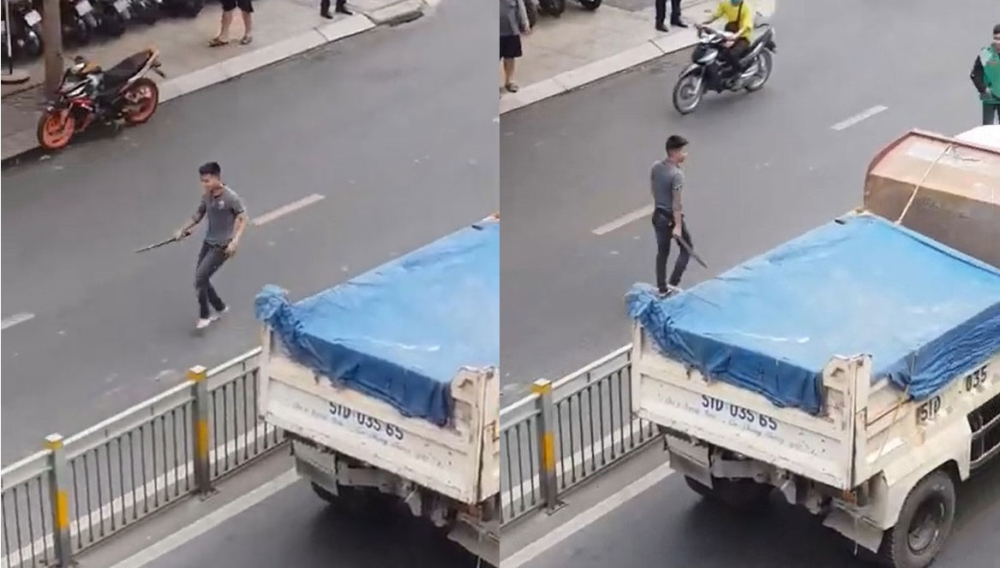Thanh niên cầm kiếm truy lùng tài xế ô tô tải