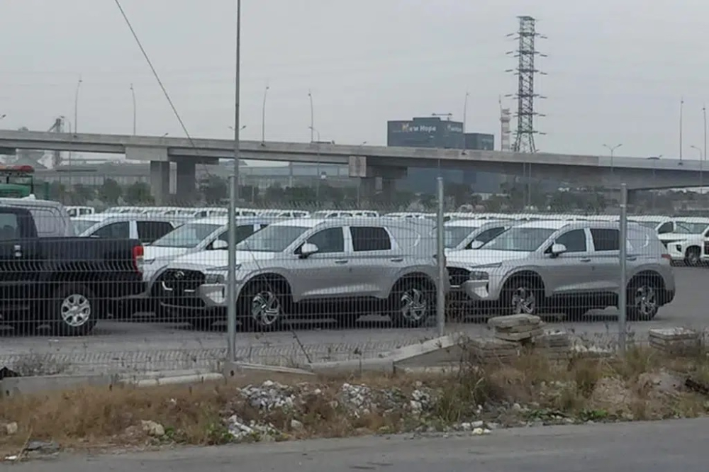 Lô xe gồm khoảng 10 chiếc Hyundai Santa Fe 2021 bị bắt gặp tại cảng.