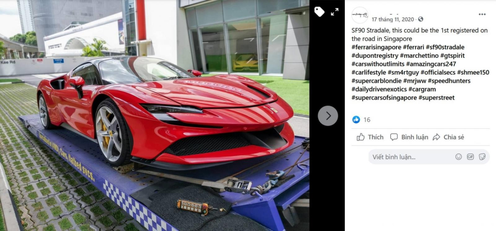 Thông tin đăng tải ảnh cho thấy siêu xe Ferrari SF90 Stradale đầu tiên đến Singapore vào tháng 11 năm 2020, nhanh hơn so với thời gian giao hàng của đại lý Ferrari công bố là 2021