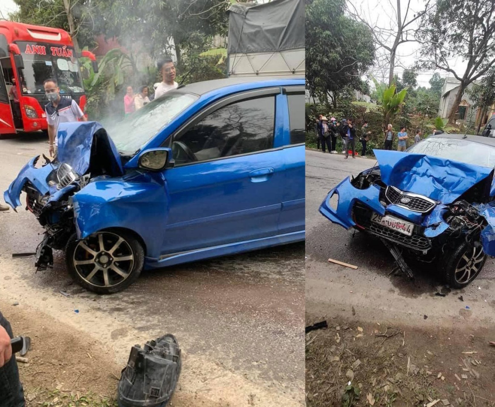 Chiếc Kia Morning bị hư hỏng nặng đầu xe sau vụ tai nạn