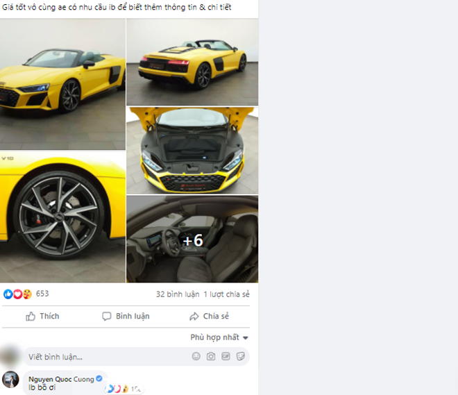 Cường Đô-la quan tâm đến bài đăng bán siêu xe Audi R8 V10 Spyder 2021 của một người bạn thân chuyên nhập khẩu siêu xe ở Việt Nam