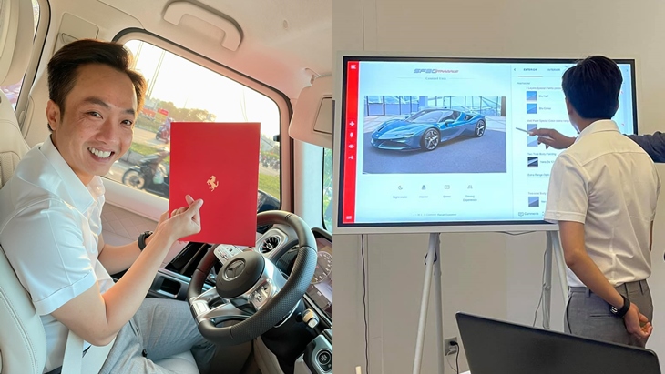 C&ograve;n đ&acirc;y l&agrave; h&igrave;nh ảnh doanh nh&acirc;n 8X hạnh ph&uacute;c khi tự tay tuỳ chọn m&agrave;u sơn cũng như nội thất cho si&ecirc;u xe Ferrari SF90 Stradale đặt mua