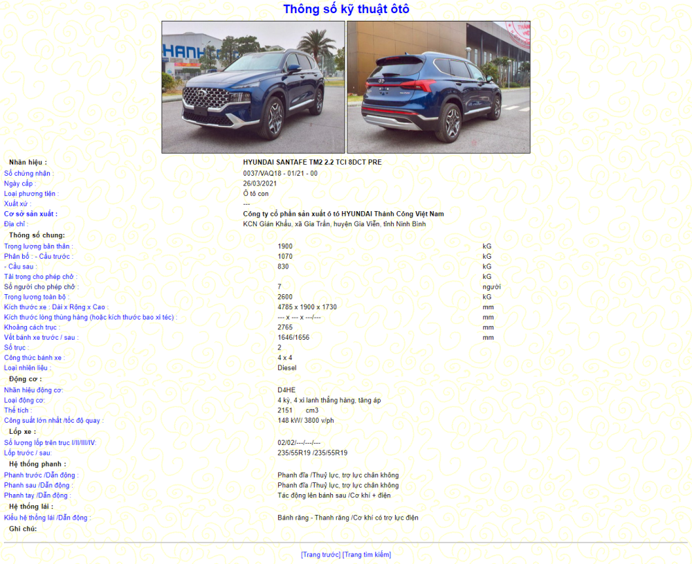 Thông tin về Hyundai Santa Fe 2021 đã xuất hiện trên cục đăng kiểm Việt Nam.